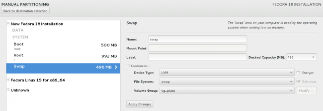 Fedora 18 Installation Partition Manage Screenshot